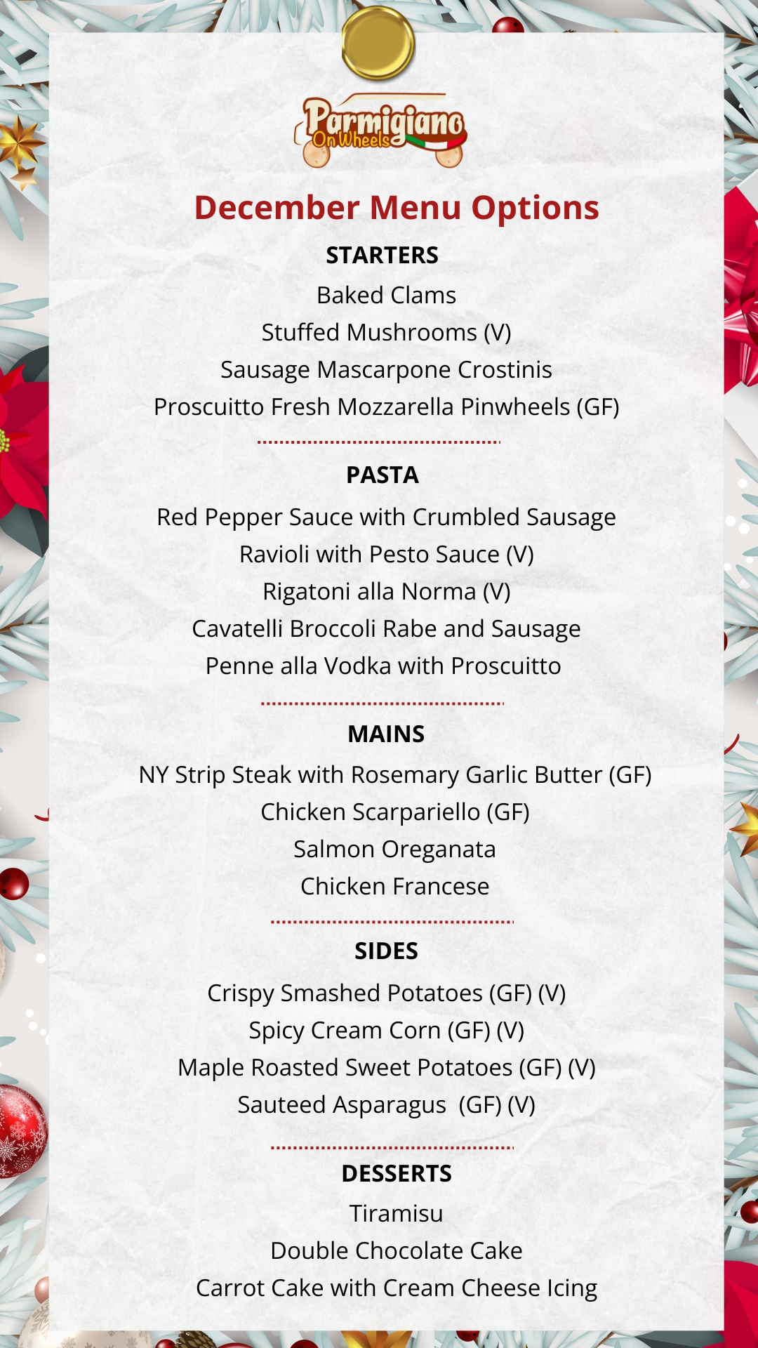 December menu from Parmigiano On Wheels