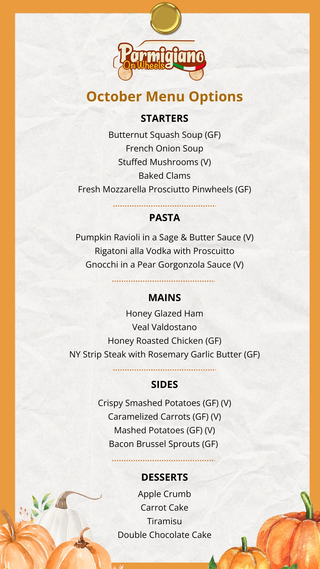 October menu from Parmigiano On Wheels