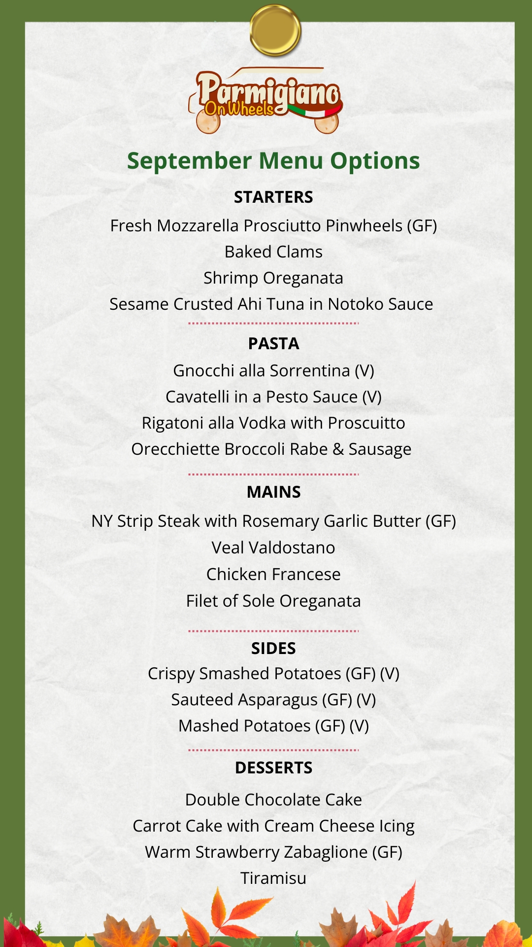 September menu from Parmigiano On Wheels